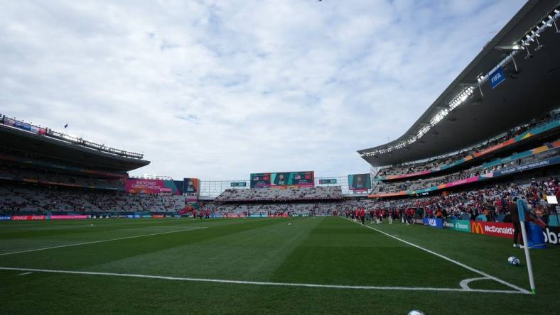 Jul 22, 2023; Auckland, NZL;  A general view of the pitch before a group stage match between the USA and Vietnam in the 2023 FIFA Women's World Cup at Eden Park. Mandatory Credit: Jenna Watson-USA TODAY Sports