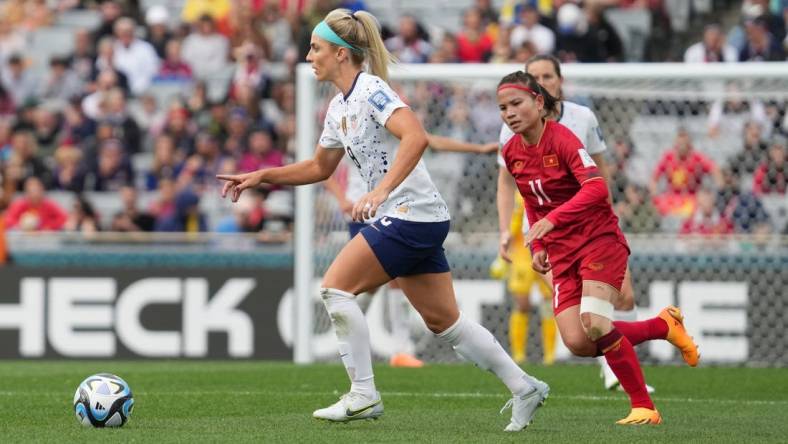 Jul 22, 2023; Auckland, NZL;  USA midfielder Julie Ertz (8) controls the ball against Vietnam midfielder Thai Thi Thao (11) in the first half of a group stage match in the 2023 FIFA Women's World Cup at Eden Park. Mandatory Credit: Jenna Watson-USA TODAY Sports