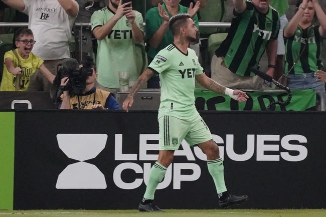 Jul 21, 2023; Austin, TX, USA; Austin FC forward Diego Fagundez (14) celebrates after scoring a goal during the second half against the Mazatlan FC at Q2 Stadium. Mandatory Credit: Scott Wachter-USA TODAY Sports