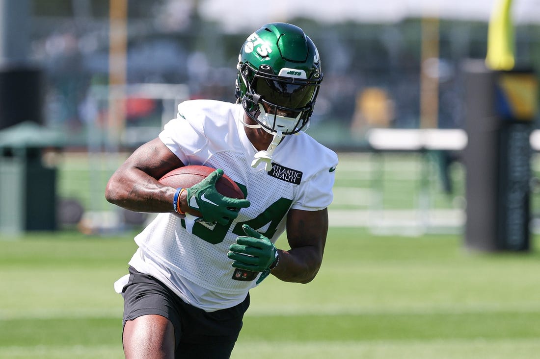 Jul 22, 2023; Florham Park, NJ, USA; New York Jets wide receiver Corey Davis (84) participates in drills during the New York Jets Training Camp at Atlantic Health Jets Training Center. Mandatory Credit: Vincent Carchietta-USA TODAY Sports