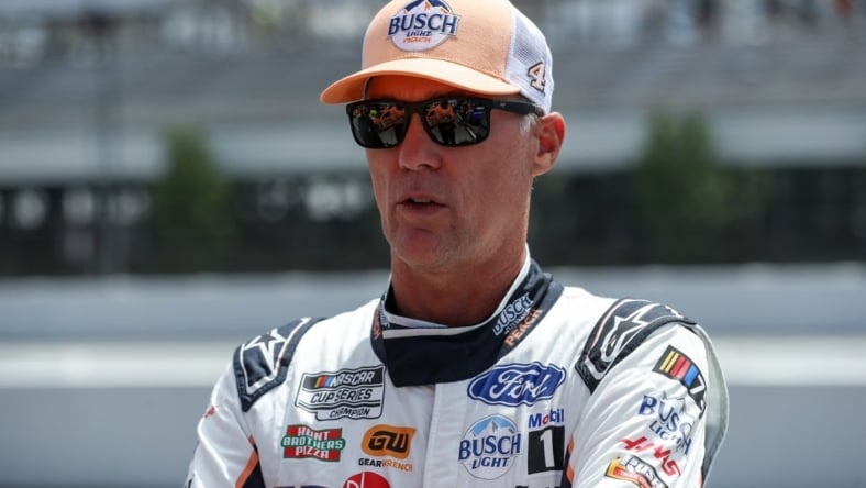 Jul 22, 2023; Long Pond, Pennsylvania, USA; NASCAR Cup Series driver Kevin Harvick looks on during practice and qualifying for the HighPoint.com 400 at Pocono Raceway. Mandatory Credit: Matthew O'Haren-USA TODAY Sports