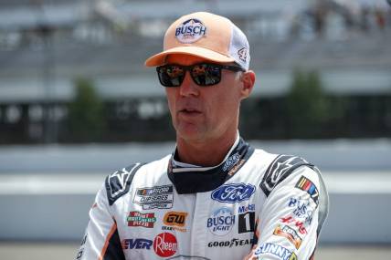Jul 22, 2023; Long Pond, Pennsylvania, USA; NASCAR Cup Series driver Kevin Harvick looks on during practice and qualifying for the HighPoint.com 400 at Pocono Raceway. Mandatory Credit: Matthew O'Haren-USA TODAY Sports