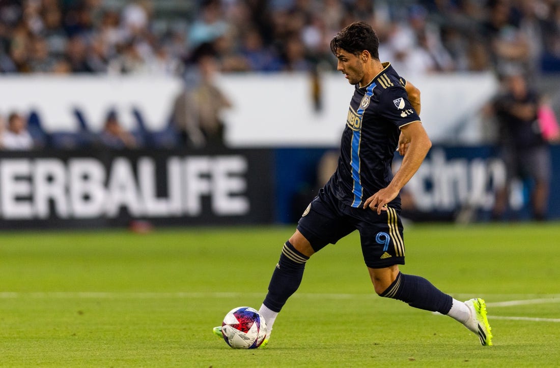 Jul 8, 2023; Carson, California, USA; Philadelphia Union forward Julian Carranza (9) passes during the first half against the Los Angeles Galaxy at Dignity Health Sports Park. Mandatory Credit: Jason Parkhurst-USA TODAY Sports