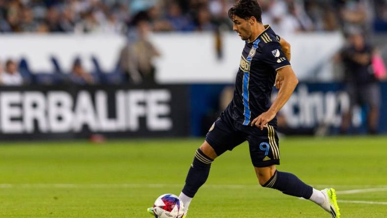 Jul 8, 2023; Carson, California, USA; Philadelphia Union forward Julian Carranza (9) passes during the first half against the Los Angeles Galaxy at Dignity Health Sports Park. Mandatory Credit: Jason Parkhurst-USA TODAY Sports