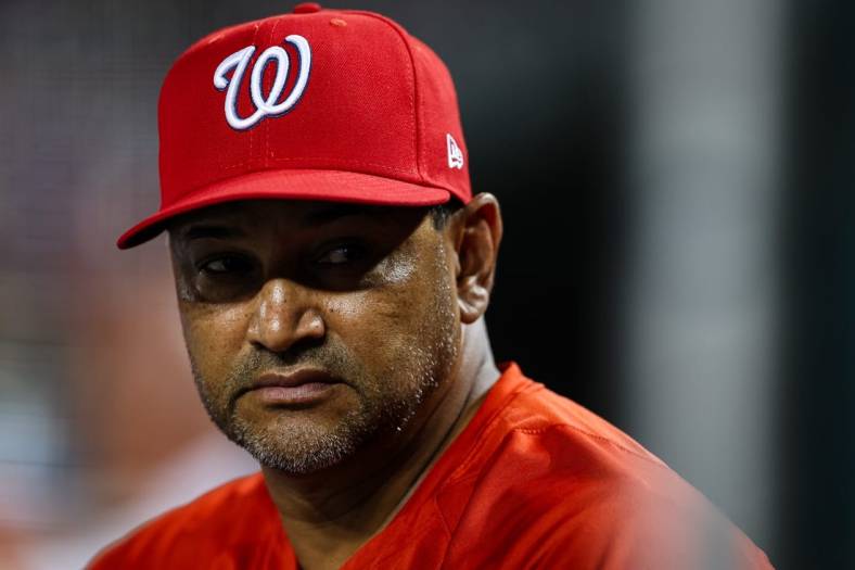 Jul 24, 2023; Washington, District of Columbia, USA; Washington Nationals manager Dave Martinez (4) looks on during the seventh inning against the Colorado Rockies at Nationals Park. Mandatory Credit: Scott Taetsch-USA TODAY Sports