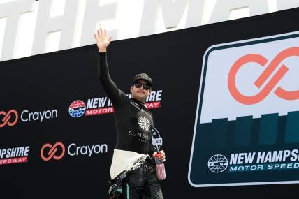 Jul 17, 2023; Loudon, New Hampshire, USA; NASCAR Cup Series driver Noah Gragson (42) is introduced before the start of  the Crayon 301 at New Hampshire Motor Speedway. Mandatory Credit: Eric Canha-USA TODAY Sports
