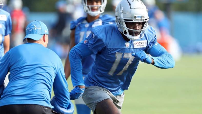 Detroit Lions wide receiver Denzel Mims (17) runs a route during training camp Tuesday, July 25, 2023.