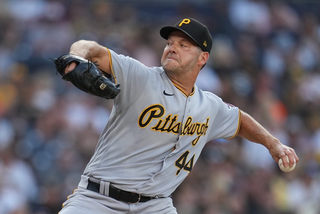 Jul 25, 2023; San Diego, California, USA; Pittsburgh Pirates starting pitcher Rich Hill (44) throws a pitch against the San Diego Padres during the first inning at Petco Park. Mandatory Credit: Ray Acevedo-USA TODAY Sports