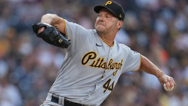 Jul 25, 2023; San Diego, California, USA; Pittsburgh Pirates starting pitcher Rich Hill (44) throws a pitch against the San Diego Padres during the first inning at Petco Park. Mandatory Credit: Ray Acevedo-USA TODAY Sports