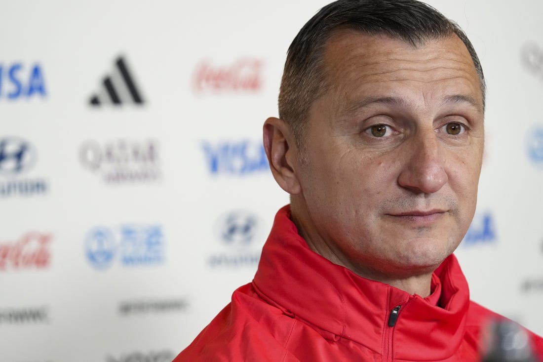 Jul 26, 2023; Wellington, NZL; United States head coach Vlatko Andonovski answers question from journalists during a press conference ahead of the team's 2023 FIFA Women's World Cup group play match against the Netherlands. Mandatory Credit: Jenna Watson-USA TODAY Sports