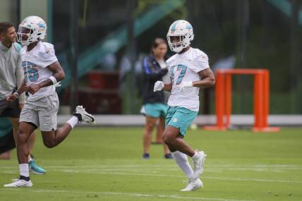 Jul 26, 2023; Miami Gardens, FL, USA; Miami Dolphins wide receiver Jaylen Waddle (17) works out during training camp at Baptist Health Training Facility. Mandatory Credit: Sam Navarro-USA TODAY Sports