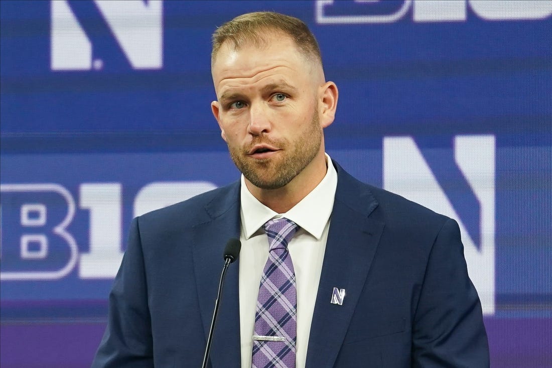 Jul 26, 2023; Indianapolis, IN, USA; Northwestern Wildcats interim head coach David Braun speaks to the media during the Big 10 football media day at Lucas Oil Stadium. Mandatory Credit: Robert Goddin-USA TODAY Sports