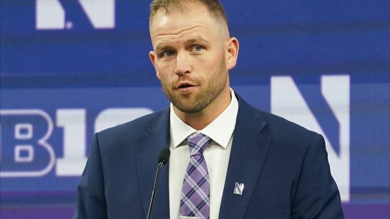 Jul 26, 2023; Indianapolis, IN, USA; Northwestern Wildcats interim head coach David Braun speaks to the media during the Big 10 football media day at Lucas Oil Stadium. Mandatory Credit: Robert Goddin-USA TODAY Sports