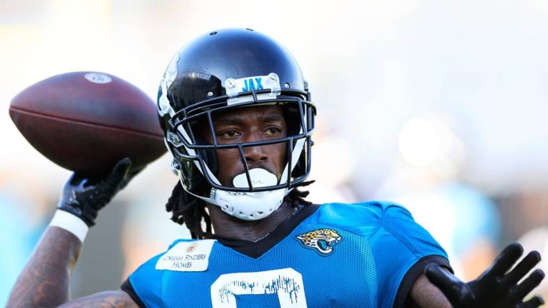 Jacksonville Jaguars wide receiver Calvin Ridley (0) throws Wednesday, July 26, 2023 at Miller Electric Center at EverBank Stadium in Jacksonville, Fla. Today marked the first day of training camp for the Jacksonville Jaguars.