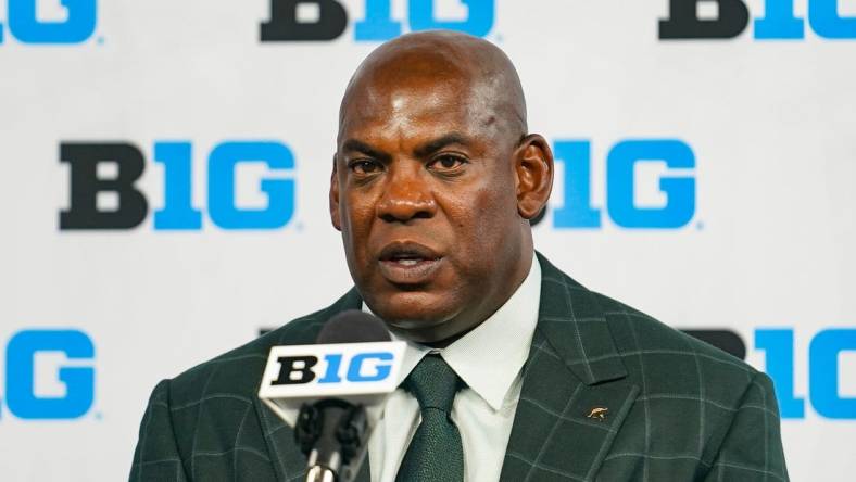 Jul 26, 2023; Indianapolis, IN, USA; Michigan State Spartans head coach Mel Tucker speaks to the media during the Big 10 football media day at Lucas Oil Stadium. Mandatory Credit: Robert Goddin-USA TODAY Sports