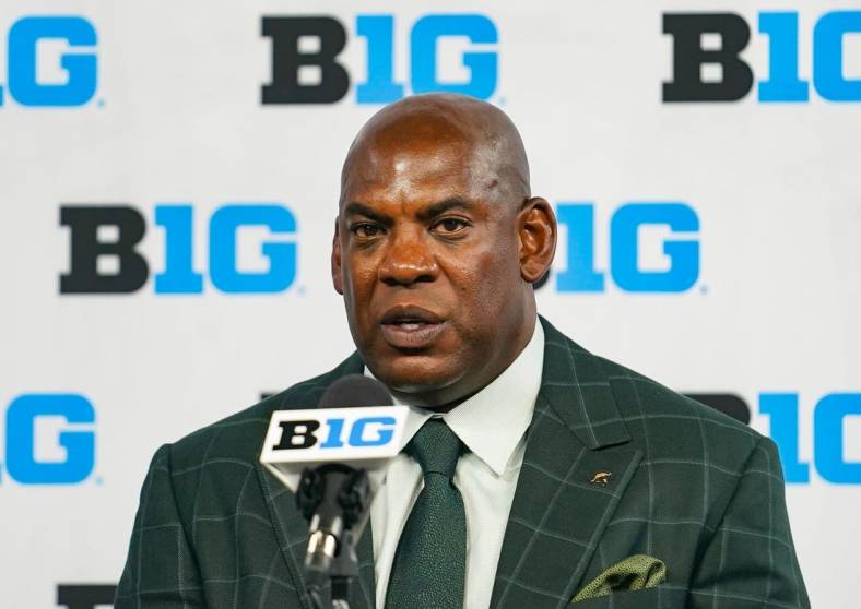 Jul 26, 2023; Indianapolis, IN, USA; Michigan State Spartans head coach Mel Tucker speaks to the media during the Big 10 football media day at Lucas Oil Stadium. Mandatory Credit: Robert Goddin-USA TODAY Sports