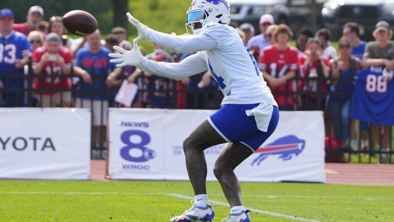 Jul 26, 2023; Rochester, NY, USA;  Buffalo Bills wide receiver Stefon Diggs (14) makes a catch during training camp at St. John Fisher College. Mandatory Credit: Gregory Fisher-USA TODAY Sports