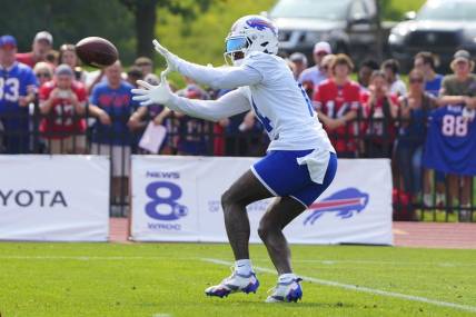 Jul 26, 2023; Rochester, NY, USA;  Buffalo Bills wide receiver Stefon Diggs (14) makes a catch during training camp at St. John Fisher College. Mandatory Credit: Gregory Fisher-USA TODAY Sports
