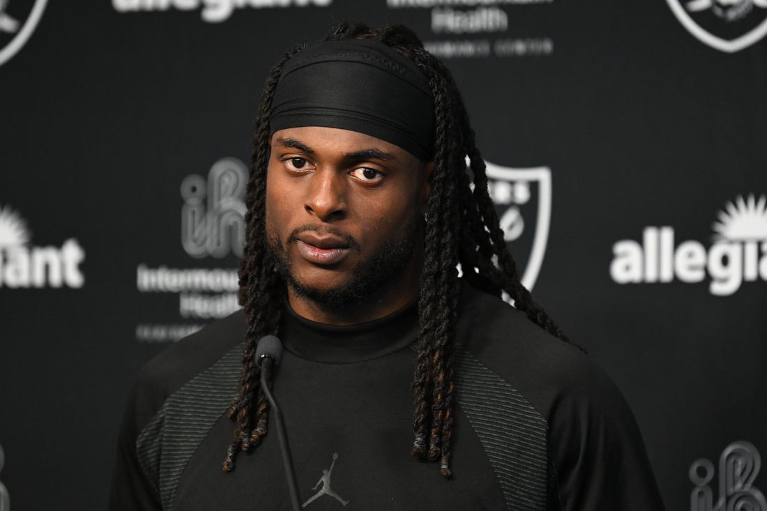 Jul 26, 2023; Las Vegas, Nevada, USA; Las Vegas Raiders wide receiver Davante Adams (17) speaks during a press conference during training camp at the Intermountain Health Performance Center. Mandatory Credit: Candice Ward-USA TODAY Sports