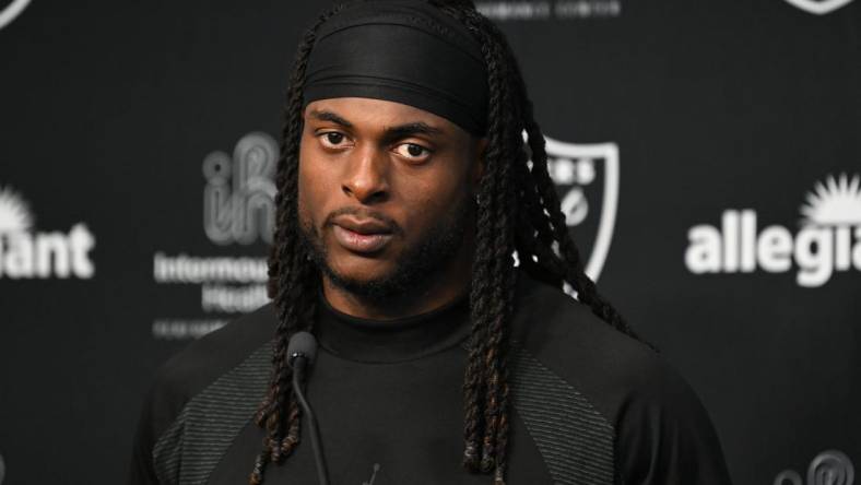 Jul 26, 2023; Las Vegas, Nevada, USA; Las Vegas Raiders wide receiver Davante Adams (17) speaks during a press conference during training camp at the Intermountain Health Performance Center. Mandatory Credit: Candice Ward-USA TODAY Sports