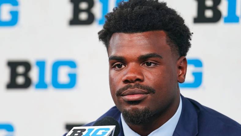 Jul 26, 2023; Indianapolis, IN, USA; Iowa Hawkeyes defensive lineman Noah Shannon speaks to the media during the Big 10 football media day at Lucas Oil Stadium. Mandatory Credit: Robert Goddin-USA TODAY Sports