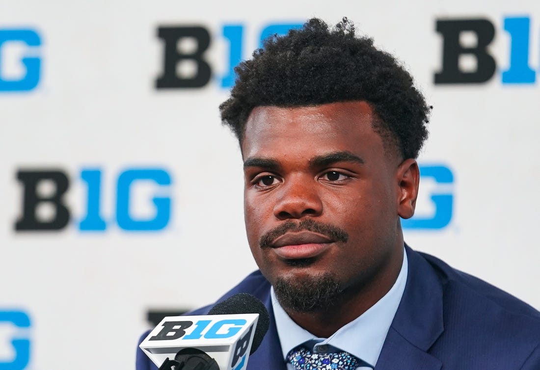 Jul 26, 2023; Indianapolis, IN, USA; Iowa Hawkeyes defensive lineman Noah Shannon speaks to the media during the Big 10 football media day at Lucas Oil Stadium. Mandatory Credit: Robert Goddin-USA TODAY Sports