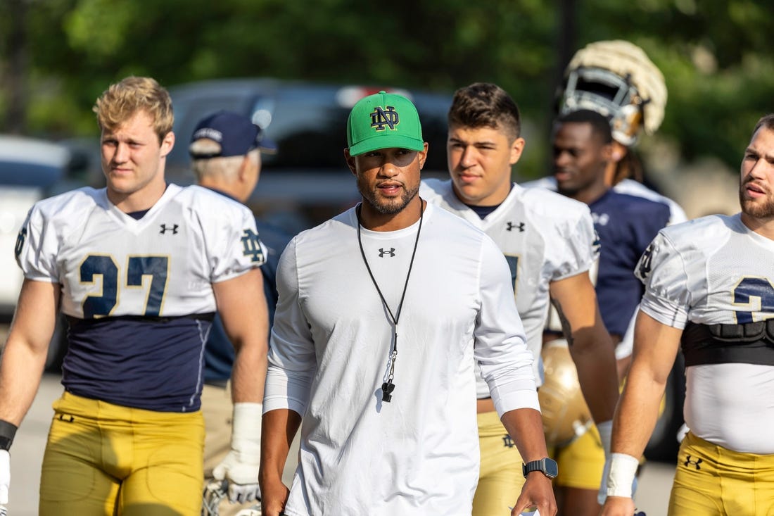 Notre Dame head coach Marcus Freeman prior to Notre Dame Fall Camp on Wednesday, July 26, 2023, at Irish Athletics Center in South Bend, Indiana.