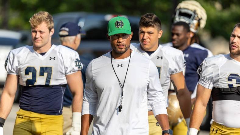 Notre Dame head coach Marcus Freeman prior to Notre Dame Fall Camp on Wednesday, July 26, 2023, at Irish Athletics Center in South Bend, Indiana.