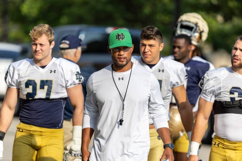 Notre Dame head coach Marcus Freeman prior to Notre Dame Fall Camp on Wednesday, July 26, 2023, at Irish Athletics Center in South Bend, Indiana.