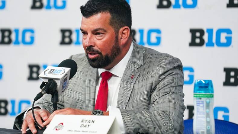 Jul 26, 2023; Indianapolis, IN, USA; Ohio State Buckeyes head coach Ryan Day speaks to the media during the Big 10 football media day at Lucas Oil Stadium. Mandatory Credit: Robert Goddin-USA TODAY Sports