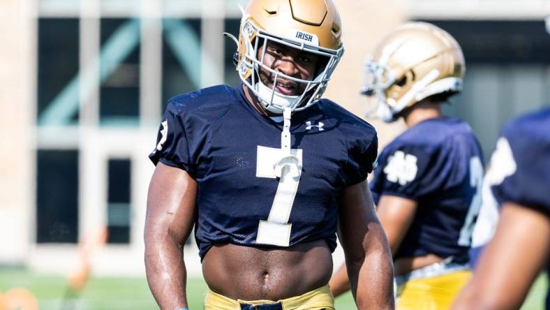 Notre Dame's Audric Estim during Notre Dame Fall Camp on Wednesday, July 26, 2023, at Irish Athletics Center in South Bend, Indiana.