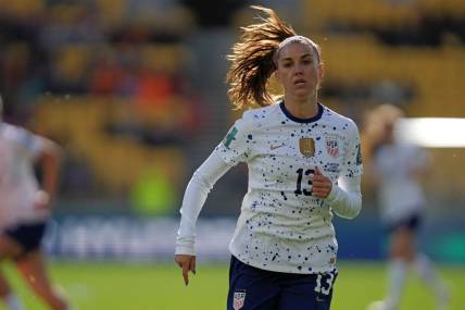 Jul 27, 2023; Wellington, NZL; United States forward Alex Morgan (13) during the first half in a group stage match against the Netherlands for the 2023 FIFA Women's World Cup at Wellington Regional Stadium. Mandatory Credit: Jenna Watson-USA TODAY Sports
