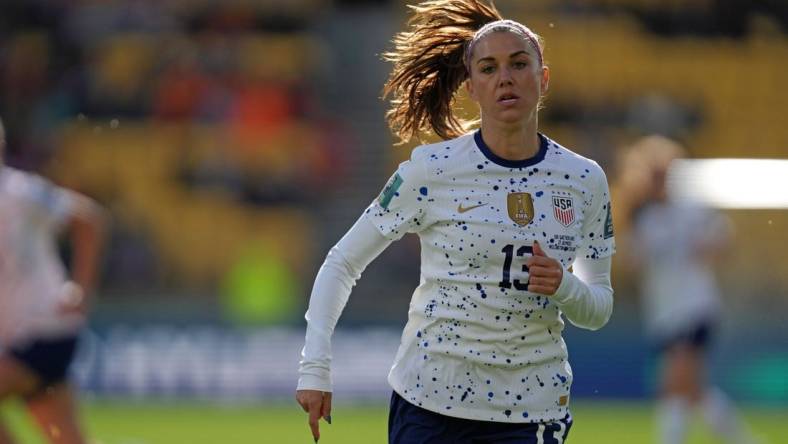 Jul 27, 2023; Wellington, NZL; United States forward Alex Morgan (13) during the first half in a group stage match against the Netherlands for the 2023 FIFA Women's World Cup at Wellington Regional Stadium. Mandatory Credit: Jenna Watson-USA TODAY Sports