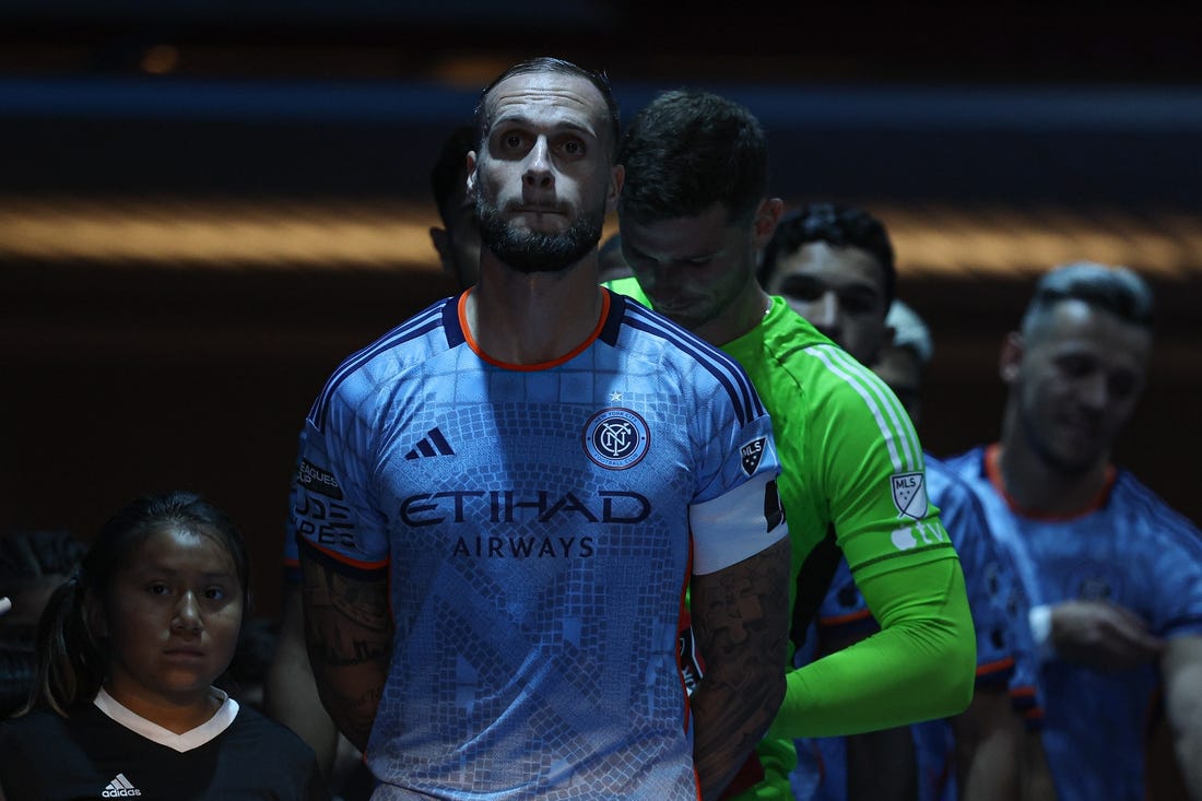 Jul 26, 2023; Harrison, NJ, USA; New York City FC defender Maxime Chanot (4) waits to enter the pitch with teammates before the match against Toronto FC at Red Bull Arena. Mandatory Credit: Vincent Carchietta-USA TODAY Sports