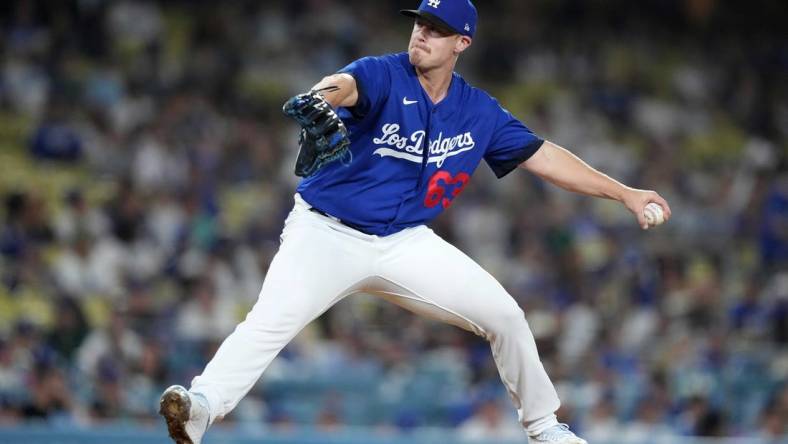 Jul 25, 2023; Los Angeles, California, USA; Los Angeles Dodgers relief pitcher Justin Bruihl (63) throws against the Toronto Blue Jays at Dodger Stadium. Mandatory Credit: Kirby Lee-USA TODAY Sports