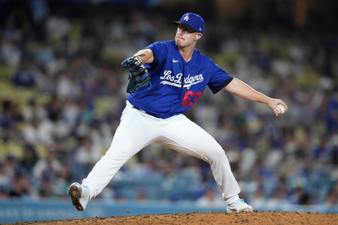Jul 25, 2023; Los Angeles, California, USA; Los Angeles Dodgers relief pitcher Justin Bruihl (63) throws against the Toronto Blue Jays at Dodger Stadium. Mandatory Credit: Kirby Lee-USA TODAY Sports