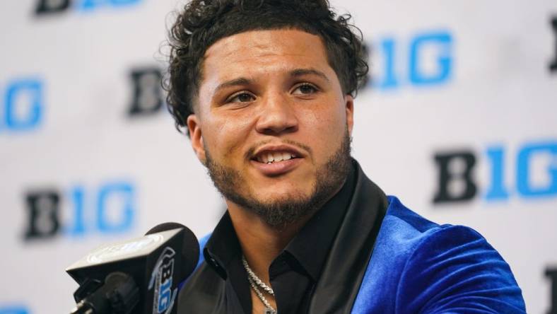 Jul 27, 2023; Indianapolis, IN, USA;  Michigan Wolverines running back Blake Corum speaks to the media during the Big 10 football media day at Lucas Oil Stadium. Mandatory Credit: Robert Goddin-USA TODAY Sports