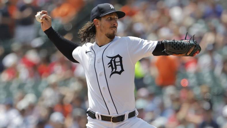 Jul 27, 2023; Detroit, Michigan, USA;  Detroit Tigers starting pitcher Michael Lorenzen (21) pitches in the fourth inning against the Los Angeles Angels at Comerica Park. Mandatory Credit: Rick Osentoski-USA TODAY Sports