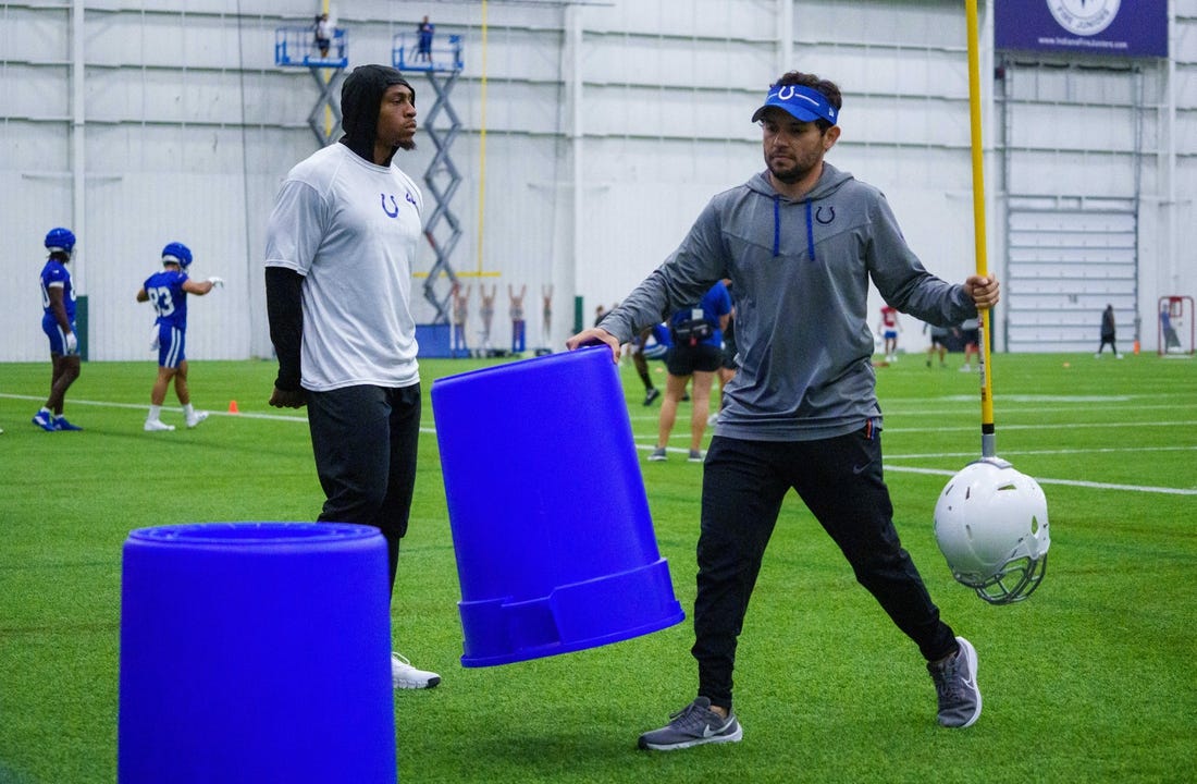 Jul 28, 2023; Westfield, Indiana, USA; Indianapolis Colts running back Jonathan Taylor (28) makes his way around the field during an indoor practice at Grand Park Sports Campus. Mandatory Credit: Mykal McEldowney/The Indianapolis Star-USA TODAY Sports