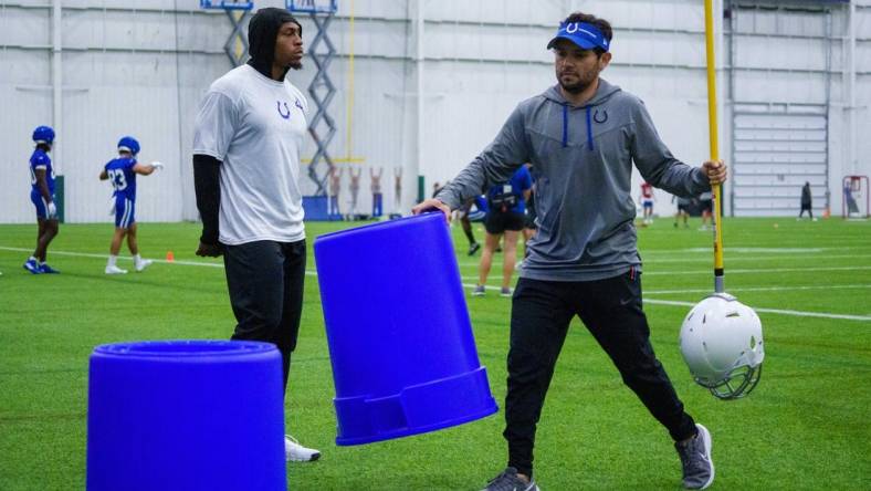 Jul 28, 2023; Westfield, Indiana, USA; Indianapolis Colts running back Jonathan Taylor (28) makes his way around the field during an indoor practice at Grand Park Sports Campus. Mandatory Credit: Mykal McEldowney/The Indianapolis Star-USA TODAY Sports