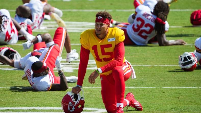 Jul 28, 2023; St. Joseph, MO, USA; Kansas City Chiefs quarterback Patrick Mahomes (15) during training camp at Missouri Western State University. Mandatory Credit: Jay Biggerstaff-USA TODAY Sports