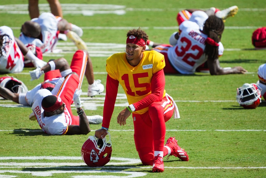 Jul 28, 2023; St. Joseph, MO, USA; Kansas City Chiefs quarterback Patrick Mahomes (15) during training camp at Missouri Western State University. Mandatory Credit: Jay Biggerstaff-USA TODAY Sports