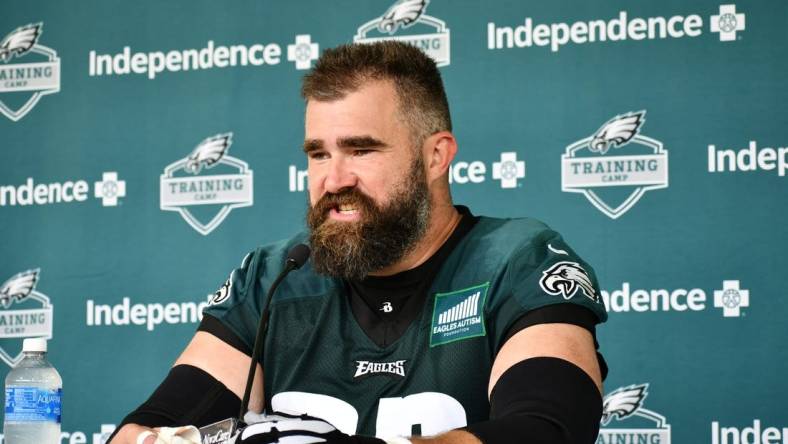 Philadelphia Eagles center Jason Kelce speaks with the media after the first day of training camp at the NovaCare Complex in Philadelphia on July 26, 2023.