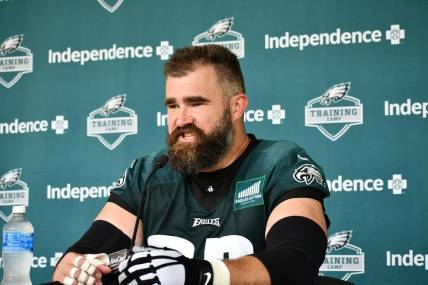 Philadelphia Eagles center Jason Kelce speaks with the media after the first day of training camp at the NovaCare Complex in Philadelphia on July 26, 2023.