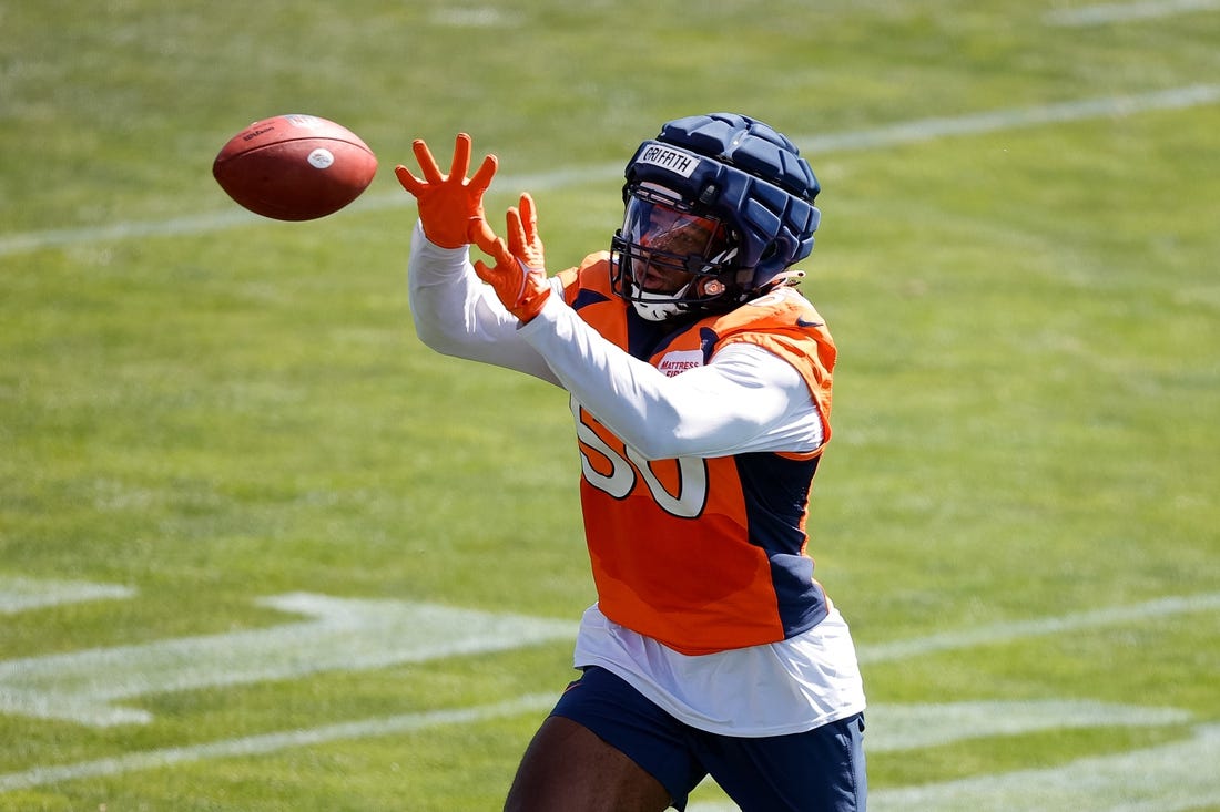 Jul 28, 2023; Englewood, CO, USA; Denver Broncos linebacker Jonas Griffith (50) during training camp at Centura Health Training Center. Mandatory Credit: Isaiah J. Downing-USA TODAY Sports