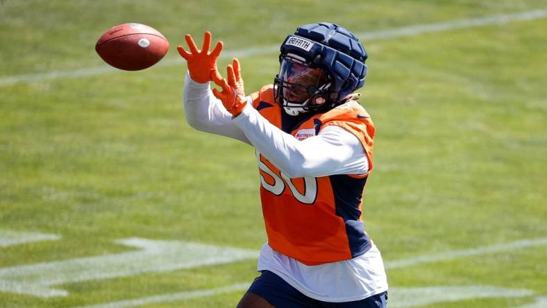 Jul 28, 2023; Englewood, CO, USA; Denver Broncos linebacker Jonas Griffith (50) during training camp at Centura Health Training Center. Mandatory Credit: Isaiah J. Downing-USA TODAY Sports