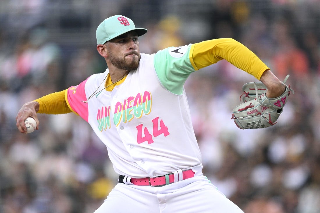 Jul 28, 2023; San Diego, California, USA; San Diego Padres starting pitcher Joe Musgrove (44) throws a pitch against the Texas Rangers during the first inning at Petco Park. Mandatory Credit: Orlando Ramirez-USA TODAY Sports