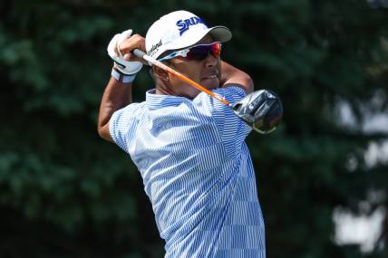 Jul 29, 2023; Blaine, Minnesota, USA; Hideki Matsuyama hits his tee shot on the second hole during the third round of the 3M Open golf tournament. Mandatory Credit: Matt Krohn-USA TODAY Sports
