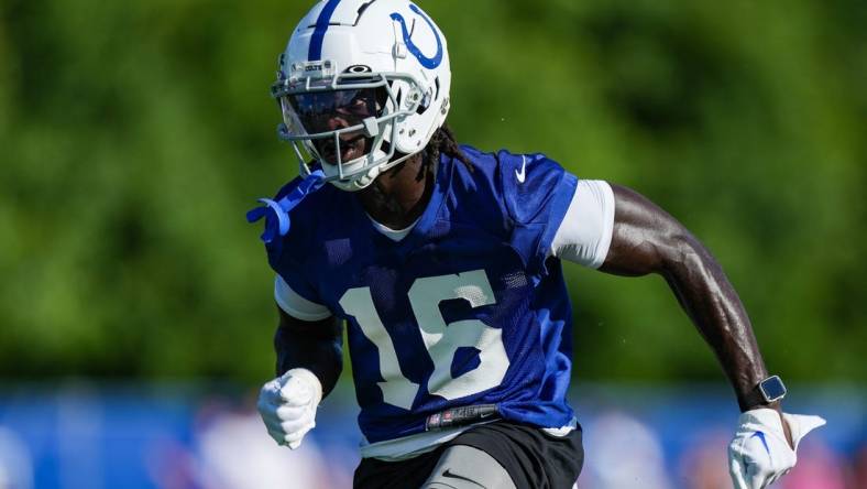 Indianapolis Colts wide receiver Ashton Dulin (16) rushes up the field Saturday, July 29, 2023, during Colts Training Back Together Weekend at Grand Park in Westfield.