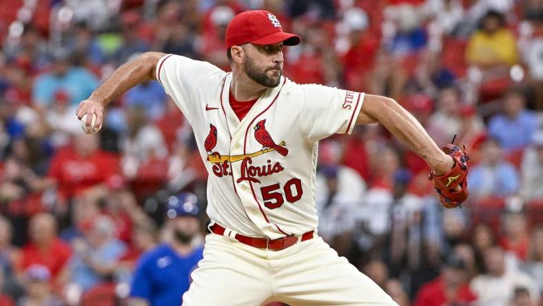 Jul 29, 2023; St. Louis, Missouri, USA;  St. Louis Cardinals starting pitcher Adam Wainwright (50) pitches against the Chicago Cubs during the first inning at Busch Stadium. Mandatory Credit: Jeff Curry-USA TODAY Sports